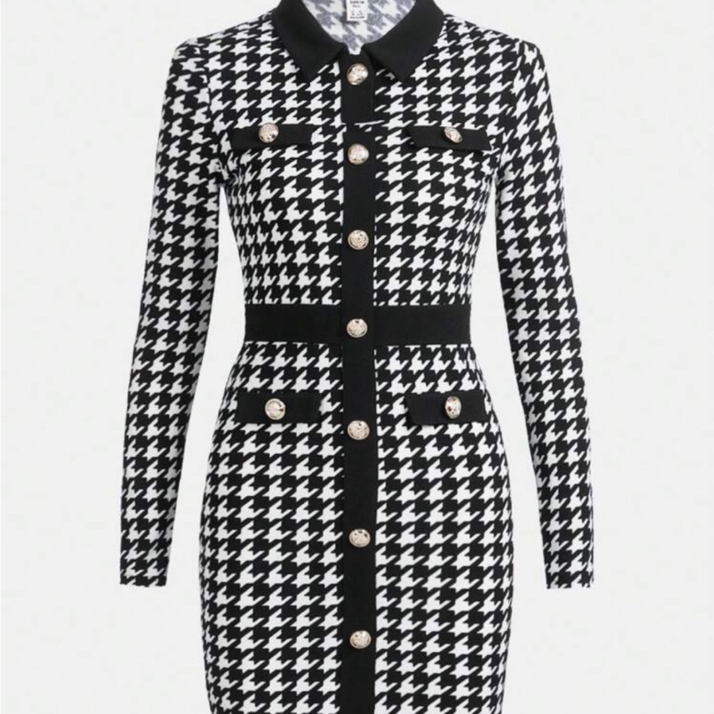 Teen Girl Houndstooth Print Button Front Dress